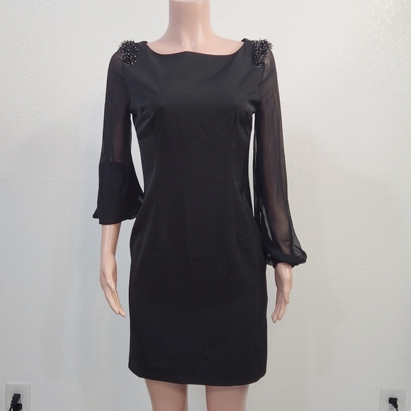 Miusol Black Sheath Sheer Long Sleeve Dress Beaded Shoulder Design Size: Large